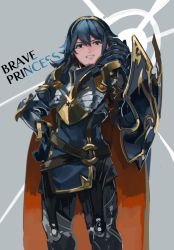 Rule 34 | 1girl, absurdres, armor, bad id, bad twitter id, blue armor, blue eyes, blue hair, cape, fire emblem, fire emblem awakening, fire emblem heroes, flat chest, gloves, highres, kohiu, long hair, looking at viewer, lucina (brave princess) (fire emblem), lucina (fire emblem), nintendo, shield, smile, solo, tiara, white background
