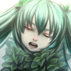 Rule 34 | green hair, hatsune miku, leaf, mago (gengennikoniko), one eye closed, open mouth, plant girl, tears, tomak, twintails, vocaloid, wearing plant