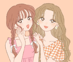 Rule 34 | 2girls, :d, braid, bright pupils, brown eyes, brown hair, checkered clothes, checkered shirt, collarbone, dress, earrings, eyelashes, fingernails, flower, flower earrings, frills, gingham, hair ribbon, hand on another&#039;s shoulder, hand up, jewelry, lipstick, long hair, looking at viewer, low twin braids, makeup, multiple girls, nail polish, open mouth, orange background, orange nails, orange shirt, original, parted bangs, pink dress, pink nails, plaid, plaid dress, plaid shirt, red lips, ribbon, rikuwo, shirt, short sleeves, side-by-side, simple background, sleeveless, sleeveless dress, smile, twin braids, upper body, white flower, white pupils, white ribbon