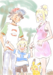 Rule 34 | 1girl, 1other, 2boys, aged up, ash ketchum, bare shoulders, baseball cap, blonde hair, creature, creatures (company), dress, family, feet out of frame, game freak, gen 1 pokemon, green eyes, green sleeves, hat, highres, if they mated, li (lithium0522), lillie (pokemon), multiple boys, nintendo, outdoors, pikachu, pink dress, pink shirt, pokemon, pokemon (anime), pokemon (creature), pokemon sm (anime), pregnant, raglan sleeves, shirt, short dress, short sleeves, sleeveless, sleeveless dress, standing, striped clothes, striped shirt, tree, white shirt