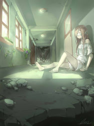 Rule 34 | 1girl, artist name, artist request, bad id, bad pixiv id, bandages, bandage on face, barefoot, broken glass, door, closed eyes, glass, hallway, highres, indoors, light, lm (linmiu39), long hair, off shoulder, on floor, original, pink hair, plant, rubble, ruins, shirt, shorts, signature, silhouette, sitting, solo, vines, white shirt, window