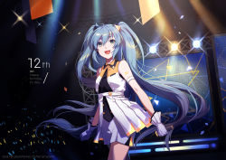 Rule 34 | 1girl, 2019, :d, bare shoulders, black shirt, blue hair, character name, commentary request, fen renlei, gloves, glowstick, green eyes, hair between eyes, hair ornament, happy birthday, hatsune miku, holding, holding microphone, long hair, looking away, microphone, open mouth, pleated skirt, shirt, short shorts, shorts, skirt, sleeveless, sleeveless shirt, smile, solo, stage, stage lights, teeth, twintails, upper teeth only, very long hair, vocaloid, watermark, white gloves, white shorts, white skirt
