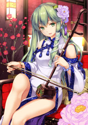 Rule 34 | 1girl, adapted costume, alternate costume, bare legs, bracelet, china dress, chinese clothes, curtains, detached sleeves, dress, earrings, erhu, flower, frog hair ornament, green eyes, green hair, hair flower, hair ornament, highres, indoors, instrument, jewelry, kochiya sanae, long hair, looking at viewer, monety, music, pelvic curtain, playing instrument, sitting, smile, snake hair ornament, solo, sunlight, tassel, touhou, wide sleeves, window