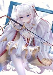 Rule 34 | + +, 1girl, absurdres, azur lane, breasts, clothing cutout, cowboy shot, double bun, hair bun, highres, holding, holding sword, holding weapon, le malin (azur lane), long hair, looking at viewer, pantyhose, purple eyes, rapier, royo21294110, small breasts, solo, sword, thigh strap, tutu, underboob, underboob cutout, very long hair, weapon, white hair, white pantyhose