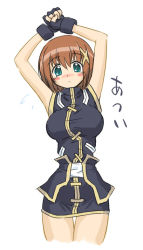 Rule 34 | 00s, 1girl, armpits, bare legs, bare shoulders, belt, black gloves, breasts, buckle, fingerless gloves, gloves, hair ornament, large breasts, looking at viewer, lyrical nanoha, mahou shoujo lyrical nanoha, mahou shoujo lyrical nanoha strikers, simple background, solo, thigh gap, uniform, white background, x hair ornament, yagami hayate