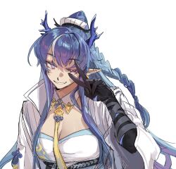 Rule 34 | 1girl, 3000zialg, antlers, arknights, blue hair, braid, braided ponytail, breasts, chinese commentary, cleavage, coat, collared coat, colored eyelashes, commentary request, detached collar, dragon girl, grin, hand up, highres, horns, large breasts, ling (arknights), long hair, long sleeves, looking at viewer, one eye closed, open clothes, open coat, pointy ears, purple eyes, sidelocks, simple background, smile, solo, upper body, v, very long hair, white background, white coat, wide sleeves