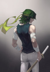 Rule 34 | 10s, 1boy, bandages, blouse, covered eyes, cowboy shot, frown, green hair, grey background, hand on own hip, holding, holding sword, holding weapon, jewelry, kill la kill, male focus, mask, mask alice, md5 mismatch, necklace, resolution mismatch, sanageyama uzu, shinai, shirt, sleeveless, sleeveless shirt, solo, source larger, spoilers, sword, weapon