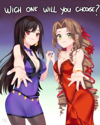 Rule 34 | 2girls, absurdres, aerith gainsborough, bare shoulders, black hair, bow, bowtie, breasts, brown hair, cleavage, closed mouth, crescent, crescent earrings, curvy, dress, drill hair, drill sidelocks, earrings, final fantasy, final fantasy vii, final fantasy vii remake, flower, green eyes, hair flower, hair ornament, hair ribbon, highres, holding hands, jewelry, lips, long hair, looking at viewer, multiple girls, nail polish, necklace, open hand, outstretched hand, pantyhose, red dress, red eyes, ribbon, sidelocks, sleeveless, smile, square enix, star (symbol), star necklace, text focus, tifa lockhart, wall market, yaya chan