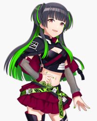 Rule 34 | 1girl, :d, belt, black capelet, black footwear, black hair, blunt bangs, boots, breasts, capelet, checkered sleeves, cleavage, contrapposto, cowboy shot, crop top, detached sleeves, green belt, green hair, green nails, hand on own hip, highres, idolmaster, idolmaster shiny colors, layered skirt, long hair, long sleeves, looking at viewer, mayuzumi fuyuko, medium breasts, midriff, miniskirt, multicolored hair, nail polish, navel, open mouth, orange eyes, pleated skirt, red skirt, saka nanato, simple background, skirt, smile, solo, standing, stomach, thigh boots, thighhighs, two-tone hair, two side up, very long hair, white background, zettai ryouiki
