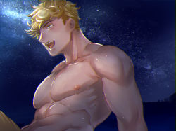 Rule 34 | 1boy, abs, bara, blonde hair, blush, granblue fantasy, large pectorals, male focus, muscular, muscular male, navel, night, night sky, nipples, open mouth, outdoors, pectorals, short hair, sitting, sky, smile, solo, vane (granblue fantasy)