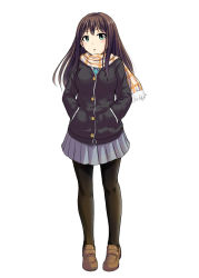 Rule 34 | 10s, 1girl, black hair, black pantyhose, black sweater, blush, full body, green eyes, green nacketie, green necktie, grey skirt, hands in pockets, idolmaster, idolmaster cinderella girls, long hair, looking at viewer, miniskirt, necktie, pantyhose, parted lips, pleated skirt, scarf, shibuya rin, simple background, skirt, solo, standing, sweater, white background, yayo325
