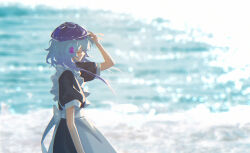 Rule 34 | 1boy, apron, arknights, arm up, beret, black dress, blue hair, blue hat, blurry, blurry background, closed eyes, closed mouth, commentary request, crossdressing, depth of field, dress, frilled apron, frills, hat, highres, long hair, maid, maid headdress, male focus, male maid, mizuki (arknights), profile, puffy short sleeves, puffy sleeves, short sleeves, sin., solo, water, white apron