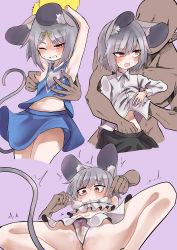 Rule 34 | 1boy, 1girl, ^^^, absurdres, alternate costume, animal ear fluff, animal ears, black skirt, blue shirt, blue skirt, blush, breasts, cameltoe, cheerleader, commentary request, covered clitoris, cowboy shot, dark-skinned male, dark skin, ginger ale (syouga 6383), grey hair, hetero, highres, mouse ears, mouse girl, mouse tail, multiple views, nazrin, nipple stimulation, nipple tweak, nipples, one eye closed, open mouth, panties, pom pom (cheerleading), purple background, red eyes, shirt, short hair, simple background, skirt, sleeveless, sleeveless shirt, small breasts, solo focus, tail, touhou, underwear, wet, wet clothes, wet panties, white panties, white shirt