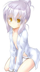 Rule 34 | 1girl, bad id, bad pixiv id, between legs, blouse, flat chest, hair bun, looking at viewer, naked shirt, open clothes, open shirt, panties, paopao, shirt, silver hair, simple background, single hair bun, sleeves past wrists, solo, underwear, white background, white panties, white shirt, yellow eyes