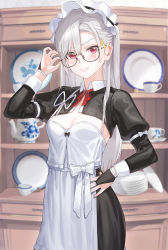 Rule 34 | 1girl, apron, black dress, blush, breasts, bridal gauntlets, cleavage, dress, earrings, frills, glasses, grin, highres, jewelry, juliet sleeves, kfr, long hair, long sleeves, looking at viewer, maid, maid headdress, medium breasts, original, puffy sleeves, red eyes, smile, solo, white apron, white hair