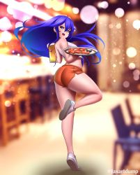 Rule 34 | 1girl, ass, blue eyes, blue hair, fire emblem, fire emblem awakening, from behind, highres, hooters, jaxdraws, long hair, looking at viewer, looking back, lucina (fire emblem), nintendo, open mouth, shiny clothes, shiny skin, shoes, short shorts, shorts, smile, sneakers, solo, very long hair, waitress