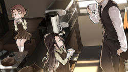 Rule 34 | 1boy, 2girls, black hair, blvefo9, bow, brown eyes, brown hair, coffee cup, cup, disposable cup, dress, dutch angle, forehead, green eyes, hair bow, hat, indoors, long hair, looking at another, multiple girls, necktie, original, short hair, sitting, standing, uniform