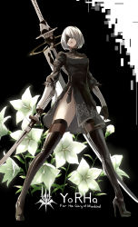 Rule 34 | 1girl, android, black background, black dress, blindfold, boots, breasts, cleavage cutout, clothing cutout, covered eyes, dress, feather-trimmed sleeves, hairband, high heel boots, high heels, holding, holding sword, holding weapon, large breasts, nier:automata, nier (series), puffy sleeves, short hair, silver hair, solo, standing, sword, thigh boots, thighhighs, thighhighs under boots, weapon, 2b (nier:automata)
