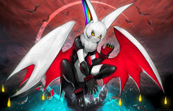 Rule 34 | 1girl, 6+others, absurdres, animal ears, anklet, bat (animal), bat ears, bat wings, black footwear, black gloves, black thighhighs, body fur, bodysuit, bracelet, claw pose, cliff, colored skin, creature, demon, eyeliner, frown, gloves, glowing, hair between eyes, hand up, highres, holding, holding polearm, holding weapon, jewelry, knees up, large hands, light particles, makeup, multicolored ears, multiple others, original, polearm, red sky, red wings, short hair, short sleeves, signature, sitting, sky, solo focus, spear, sumosamo, thighhighs, two-tone wings, very long ears, weapon, white hair, white skin, white wings, wing ornament, wings, yellow eyes, yellow nails
