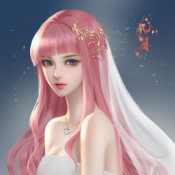 Rule 34 | 1girl, absurdres, backlighting, bare shoulders, blue eyes, closed mouth, dress, dust, from side, hair ornament, highres, huahua de mo nian, jewelry, jiu yue (tou xing jiuyue tian), light, long hair, looking at viewer, necklace, pink hair, realistic, second-party source, solo, tou xing jiuyue tian, upper body, veil, white dress