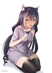 Rule 34 | 1girl, animal ear fluff, animal ears, between breasts, black hair, black thighhighs, blush, bow, breasts, cat ears, commentary request, dress, fang, green eyes, hair between eyes, hair bow, hands up, highres, karyl (princess connect!), long hair, looking at viewer, low twintails, multicolored hair, open mouth, princess connect!, purple bow, purple dress, ringlets, seiza, shadow, shogun (a96040021), short sleeves, sidelocks, sitting, small breasts, solo, streaked hair, thighhighs, twintails, twitter username, very long hair, white background, white hair