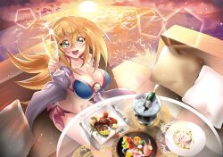 Rule 34 | 1girl, alcohol, alternate costume, beach, bikini, blonde hair, blue bikini, blush stickers, bottle, breasts, cleavage, collarbone, couch, cup, cushion, dark magician girl, drinking glass, duel monster, food, green eyes, ice, large breasts, lobster, lobster claw, long hair, looking at viewer, ocean, pentacle, pentagram, pinko (pinkuroao), second-party source, side-tie bikini bottom, smile, sunset, swimsuit, water, wine, wine bottle, wine glass, yu-gi-oh!, yu-gi-oh! duel monsters