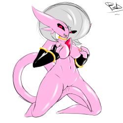 Rule 34 | absurdres, between legs, black gloves, black sclera, bracelet, breasts, choker, cleft of venus, collarbone, colored sclera, colored skin, creatures (company), dragon ball, dragonball z, elbow gloves, eyes visible through hair, fangs, fingerless gloves, fir3born, full body, fusion, game freak, gardevoir, gen 3 pokemon, gloves, grabbing own breast, grey hair, hair over one eye, hands up, happy, highres, jewelry, kneeling, large breasts, looking down, majin buu, masturbation, navel, nintendo, nipples, nude, open mouth, pink skin, pokemon, pokemon (creature), pussy, pussy juice, red eyes, shiny skin, short hair, sketch, smile, spread legs, stomach, tail, teeth, transparent background, uncensored