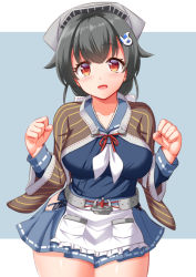 Rule 34 | 1girl, apron, arms up, bandana, black hair, blue background, blue sailor collar, blue serafuku, blue skirt, blush, breasts, hair between eyes, hair flaps, hair ornament, hairclip, headgear, jingei (kancolle), kantai collection, large breasts, long hair, long sleeves, neckerchief, open mouth, pleated skirt, red eyes, sailor collar, school uniform, serafuku, shawl, short hair, skirt, smile, solo, thighs, tokyo yamane, two-tone background, waist apron, white apron, white background, white neckerchief
