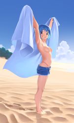 Rule 34 | 1girl, absurdres, armpits, arms up, barefoot, beach, beach towel, bikini, blue eyes, blue hair, blue sky, breasts, cloud, commentary, denim, denim shorts, english commentary, footprints, from side, gloamy, grin, groin, highres, looking at viewer, magia record: mahou shoujo madoka magica gaiden, mahou shoujo madoka magica, medium breasts, miki sayaka, miki sayaka (swimsuit costume), nipples, outdoors, red bikini, sand, short hair, shorts, sidelighting, sky, smile, solo, standing, swimsuit, swimsuit under clothes, thighs, topfreedom, topless, towel
