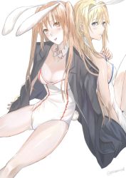 Rule 34 | 2girls, alice zuberg, animal ears, asuna (sao), back-to-back, bad id, bad pixiv id, black jacket, blonde hair, blue eyes, blush, breasts, brown eyes, brown hair, cleavage, closed mouth, collarbone, detached collar, fake animal ears, fake tail, hair between eyes, head tilt, jacket, jacket on shoulders, leotard, long hair, looking at viewer, medium breasts, multiple girls, open clothes, open jacket, playboy bunny, rabbit ears, rabbit tail, riko201008, sideboob, simple background, sitting, strapless, strapless leotard, sword art online, tail, tongue, tongue out, twintails, very long hair, white background, white leotard, white neckwear
