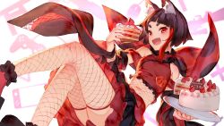 Rule 34 | 1girl, absurdres, animal ear fluff, animal ears, animare, bare shoulders, black hair, blunt bangs, bow, cake, character name, controller, convenient skirt, detached sleeves, eating, fang, feet out of frame, fishnets, food, fox ears, frills, furisode, happy birthday, highres, holding, inari kuromu, izumi sai, japanese clothes, kimono, long sleeves, looking at viewer, multicolored hair, name tag, nanashi inc., navel, open mouth, red bow, red eyes, red hair, red shirt, red skirt, shirt, short hair, skin fang, skirt, smile, solo, streaked hair, thighs, virtual youtuber
