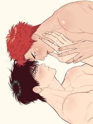 Rule 34 | 2boys, bishounen, black eyes, black hair, blush, couple, eye contact, finger to another&#039;s mouth, forehead-to-forehead, heads together, highres, imminent kiss, jmt sungnyung, looking at another, male focus, multiple boys, open mouth, pectorals, profile, red hair, rukawa kaede, sakuragi hanamichi, short hair, slam dunk (series), toned, toned male, topless male, upper body, yaoi, yellow background