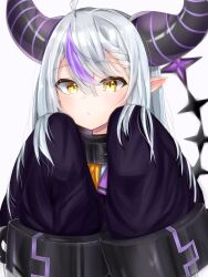 Rule 34 | 1girl, absurdres, ahoge, ascot, black horns, braid, braided bangs, collar, grey hair, highres, hololive, horns, jastiment, la+ darknesss, la+ darknesss (1st costume), metal collar, multicolored hair, pointy ears, purple hair, sleeves past fingers, sleeves past wrists, streaked hair, striped horns, virtual youtuber, yellow ascot, yellow eyes