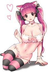 Rule 34 | 1girl, animal ears, bell, blush, breasts, cat cutout, cat ear panties, cat ears, cat lingerie, cleavage, cleavage cutout, clothing cutout, collar, covered erect nipples, drill hair, hair ribbon, large breasts, long hair, looking at viewer, meme attire, moiom, neck bell, nipples, one piece, panties, perona, pink hair, ribbon, see-through, sitting, solo, striped clothes, striped thighhighs, thighhighs, twin drills, twintails, underwear