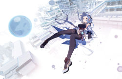 1girl :o absurdres ahoge aqua_hair bare_shoulders bell black_bodysuit blush bodysuit breasts cowbell detached_sleeves falling flower_knot from_above full_body ganyu_(genshin_impact) genshin_impact gloves highres horns large_breasts long_hair purple_eyes qianhui shoes solo very_long_hair white_footwear