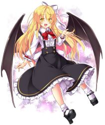 Rule 34 | 1girl, :d, aka tawashi, bat wings, blonde hair, blush, bow, bowtie, center frills, dress, frilled sleeves, frills, full body, hair between eyes, highres, kurumi (touhou), legs, long hair, long sleeves, looking at viewer, lotus land story, open mouth, red bow, red bowtie, ribbon, shoes, skirt, smile, socks, solo, suspender skirt, suspenders, tooth, touhou, touhou (pc-98), vampire, white background, white socks, wings, yellow eyes