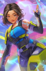 Rule 34 | 1girl, animification, apex legends, artist name, black gloves, blue shirt, breasts, brown hair, commentary, conduit (apex legends), dark-skinned female, dark skin, earrings, elbow gloves, electricity, english commentary, facepaint, fingerless gloves, freckles, gloves, grey pants, head tilt, highres, jewelry, lightning, looking at viewer, medium breasts, noush, pants, rainbow, shirt, short hair, smile, solo, sparkle