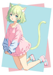 Rule 34 | 1girl, absurdres, animal ear fluff, animal ears, cat ears, cat girl, cat tail, fang, full body, green eyes, green hair, highres, interlocked fingers, long sleeves, looking at viewer, neo, no pants, open mouth, original, own hands together, pink sweater, puffy long sleeves, puffy sleeves, short hair, simple background, skin fang, sweater, tail