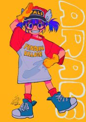 Rule 34 | 1girl, baseball cap, blue eyes, blue hair, character name, child, clothes writing, commentary request, dr. slump, glasses, gloves, hat, highres, looking at viewer, mago oowarawa, norimaki arale, oversized clothes, oversized shirt, salute, shirt, shoes, short hair, short sleeves, short twintails, signature, simple background, smile, sneakers, socks, solo, teeth, twintails, winged hat