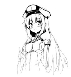 Rule 34 | 10s, 1girl, :o, bare shoulders, bismarck (kancolle), blunt bangs, blush, cowboy shot, detached sleeves, dress, elbow gloves, gloves, greyscale, hat, kantai collection, lineart, long hair, looking at viewer, looking down, monochrome, open mouth, simple background, sketch, skin tight, solo, tight clothes, tight dress, white background, yoasakura