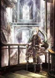 Rule 34 | 00s, 1girl, absurdres, black thighhighs, blue eyes, boots, capelet, floating hair, full body, green hair, hair between eyes, hair ornament, hatsune miku, highres, holding, long hair, outdoors, skirt, solo, stairs, standing, steampunk, thighhighs, twintails, utatanecocoa, very long hair, vocaloid