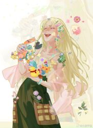 Rule 34 | 1girl, bare arms, blonde hair, camisole, chinese commentary, closed eyes, collarbone, cowboy shot, crescent, daxing jia quan, english text, flower, green pants, hair ornament, hairclip, highres, holding, holding toy, jacket, laughing, long hair, open mouth, original, pants, pink flower, pink jacket, purple flower, rubber duck, see-through, see-through jacket, sidelocks, solo, standing, star (symbol), stuffed animal, stuffed toy, teddy bear, teeth, toy, upper teeth only, weibo logo, weibo watermark, white camisole, yellow background, zoom layer