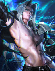 Rule 34 | 1990s (style), 1boy, armpits, final fantasy, final fantasy vii, green eyes, long hair, looking at viewer, male focus, navel, nipples, open clothes, retro artstyle, sakimichan, sephiroth, silver hair, solo, square enix, upper body, very long hair, watermark, web address