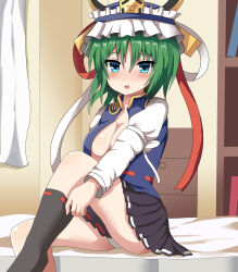 Rule 34 | 1girl, bedroom, black skirt, black socks, blue eyes, blue vest, blush, breasts, curtains, dressing, foot out of frame, green hair, guard vent jun, hair between eyes, hat, highres, indoors, juliet sleeves, large breasts, long sleeves, looking at viewer, miniskirt, on bed, panties, pantyshot, pleated skirt, puffy sleeves, red ribbon, ribbon, ribbon-trimmed skirt, ribbon-trimmed socks, ribbon trim, shiki eiki, sitting, skirt, socks, solo, tate eboshi, touhou, underwear, vest, white panties, white ribbon