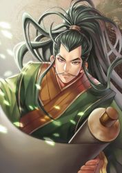 Rule 34 | 1boy, black eyes, black hair, chinese clothes, fa zheng, facial hair, green robe, holding, holding scroll, long hair, looking at viewer, male focus, mustache, robe, sangokushi puzzle taisen, scroll, solo, upper body, very long hair, winter (winter168883)