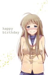Rule 34 | 1girl, ahoge, arms behind back, blue eyes, blush, ca2la, clannad, closed mouth, commentary request, cowboy shot, eyelashes, half-closed eyes, happy, happy birthday, highres, hikarizaka private high school uniform, jacket, light brown hair, lips, long hair, looking at viewer, miyazawa yukine, nose blush, sailor collar, school uniform, sidelocks, simple background, smile, solo, standing, straight-on, white background, white sailor collar, yellow jacket