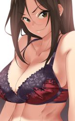 Rule 34 | 1girl, bare shoulders, bra, breasts, brown eyes, brown hair, cleavage, closed mouth, collarbone, commentary request, fang, fukushi ryouhei, highres, idolmaster, idolmaster cinderella girls, lace, lace bra, large breasts, long hair, looking at viewer, midriff, mukai takumi, solo, stomach, underwear