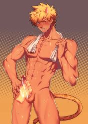 Rule 34 | 1boy, abs, animal ears, blonde hair, blush, drooling, erection, handjob, highres, lvlv, male focus, muscular, nude, penis, piercing, rom (show by rock!!), saliva, show by rock!!, sweat, testicles, towel