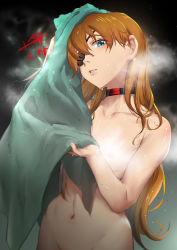 Rule 34 | 1girl, absurdres, aqua towel, blue eyes, breasts, brown hair, choker, collarbone, completely nude, convenient censoring, evangelion: 3.0+1.0 thrice upon a time, eyepatch, gradient background, groin, head tilt, highres, holding, holding towel, lips, long hair, looking at viewer, medium breasts, naked towel, navel, neon genesis evangelion, nipples, nude, parted lips, rebuild of evangelion, shiny skin, simple background, solo, souryuu asuka langley, standing, straight hair, towel, towel on head, upper body, very long hair, water, wet, wide hips, xiaoyu