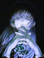 Rule 34 | 1girl, ado (utaite), black background, blue eyes, chando (ado), closed mouth, commentary, floating hair, flower, flower brooch, hashtag-only commentary, highres, john kafka, long hair, long sleeves, looking at viewer, own hands together, rose, solo, utaite